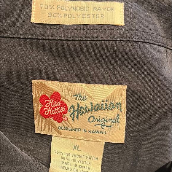 Vintage Hilo Hattie Camp Shirt Embroidered Palm Black Coconut Button Men’s XL - Picture 6 of 7